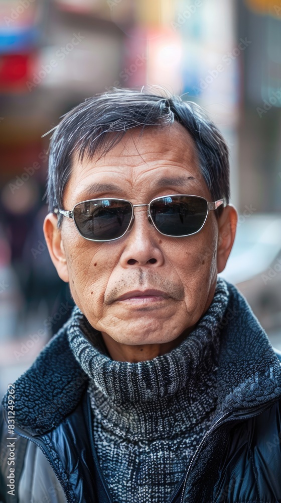 An elderly man wearing sunglasses and a coat An elderly man wearing sunglasses and a coat
