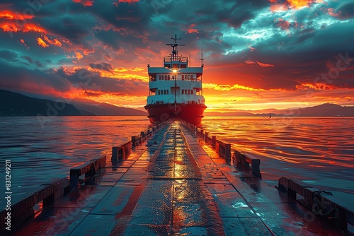 A ship sits at a dock, waiting to depart as the sun sets behind it, casting a vibrant orange glow across the sky. photo