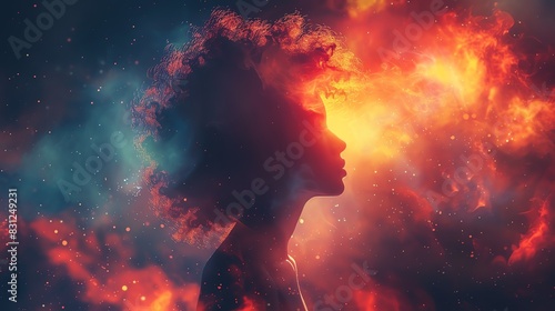 A silhouette of a person's head with a fiery, cosmic backdrop, suggesting a powerful energy or a connection to the universe.