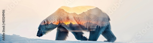 Double exposure of polar bear and mountain landscape, blending nature and wildlife, icy terrain at sunrise, concept art for environment awareness. photo