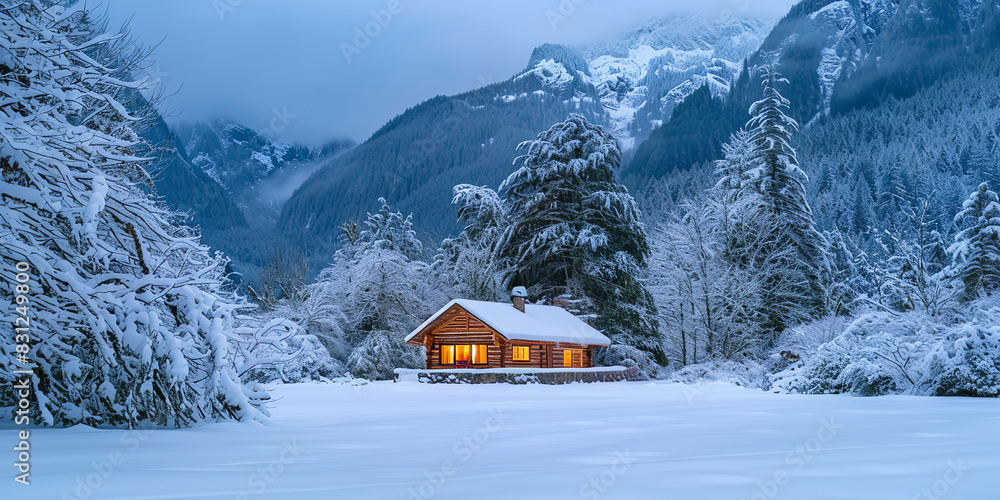 Mountain Retreat: Show a cozy cabin in the mountains surrounded by snow Mountain Retreat: Show a cozy cabin in the mountains surrounded by snow