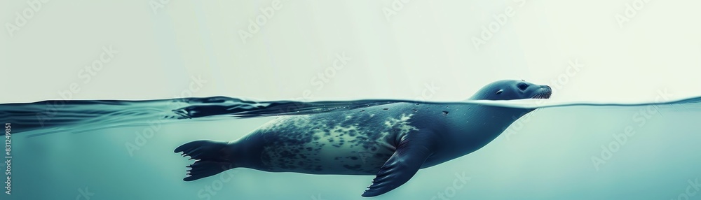 Fototapeta premium Graceful seal gliding through clear ocean water, capturing serene underwater life, and depicting the beauty of marine wildlife.
