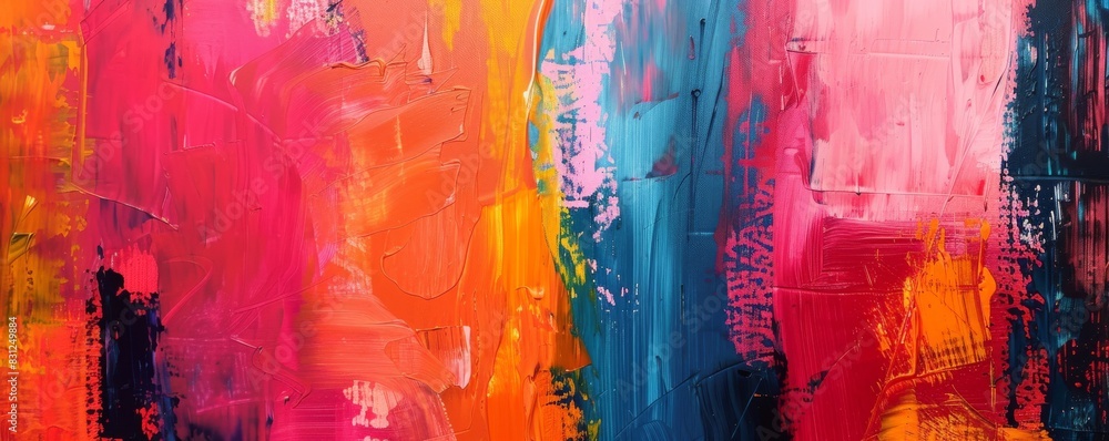 Wide canvas showcasing a bright, textured mix of red, orange, blue, and pink acrylic paints