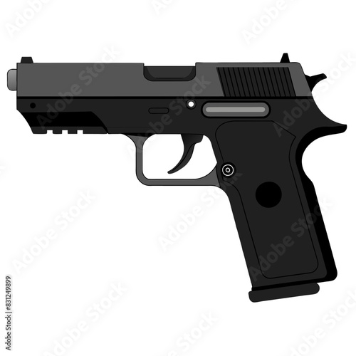 A black and silver handgun placed on a plain white surface against a backdrop