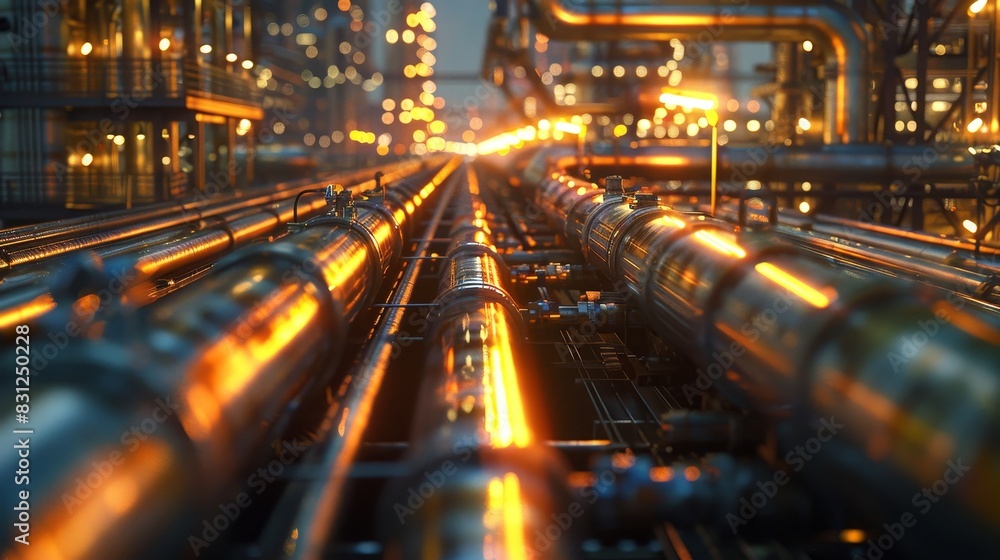 A long line of pipes with a yellow glow