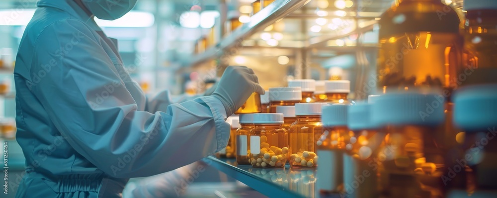 Pharmaceutical lab technician preparing medicine bottles in a laboratory. Scientific research and medical development environment. Pharmaceutical lab technician preparing medicine bottles in a laboratory. Scientific research and medical development environment.