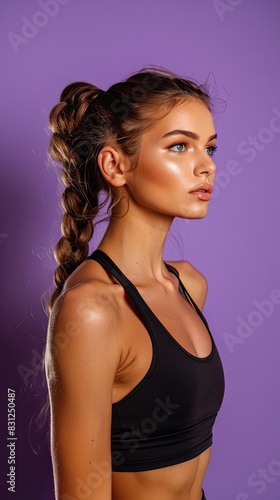 Female fitness model isolated on a bold purple background
