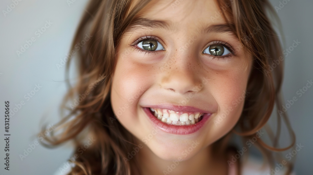 smiling kid, grey background, camera focus on her teeth smiling kid, grey background, camera focus on her teeth