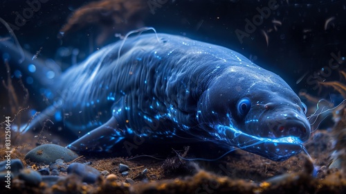 A fish is swimming in the water with a blue glow photo