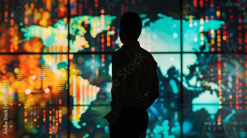 A man standing in front of a massive screen  looking focused and attentive.