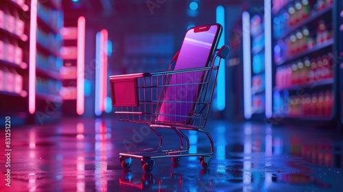 A smartphone placed in a shopping cart in a neon-lit environment, representing the blend of technology and modern shopping experiences.
 photo