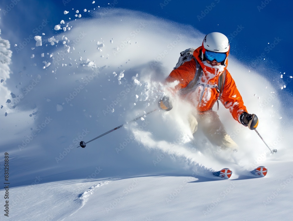 A skier in orange is skiing down a snowy slope. The skier is wearing a helmet and goggles, and is wearing an orange jacket. The skier is in the middle of a snowstorm, and the snow is flying everywhere