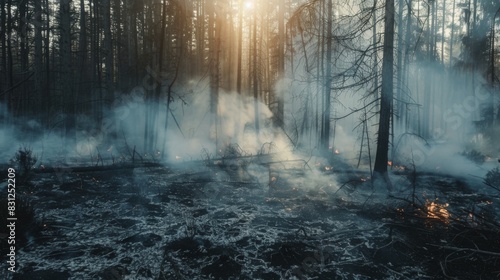Smoke rising from smoldering embers in a scorched forest, symbolizing the ongoing threat and impact of wildfires photo