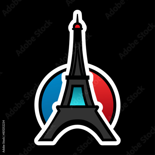 The eiffel tower is in a red, blue, and white circle on a black background