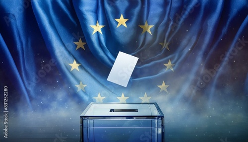 Przeźroczystą urna do głosowania na tle flagi Unii Europejskiej photo