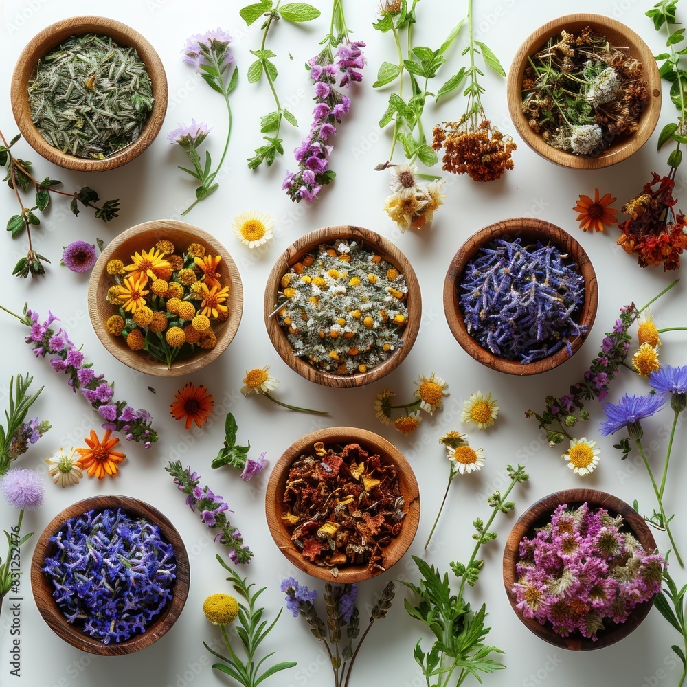 Borders of dried plants and herbal flowers are neatly arranged, with wooden bowls for aromatherapy etc. White background with space. Each bowl contains different types of plants Borders of dried plants and herbal flowers are neatly arranged, with wooden bowls for aromatherapy etc. White background with space. Each bowl contains different types of plants