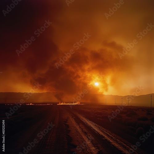 Raging Wildfire Under a Smoky Sky at Sunset