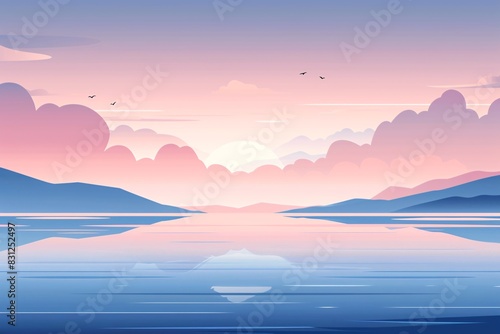 a landscape of a lake with mountains and birds flying