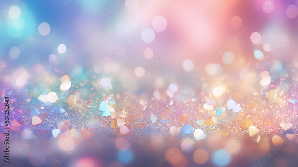 Abstract pastel rainbow bokeh background with glitter and heart shapes