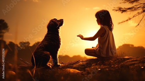 A young girl sits with her dog at sunset, enjoying a peaceful moment in nature's golden light. © owen