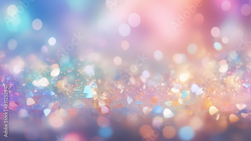 Abstract pastel rainbow bokeh background with glitter and heart shapes photo