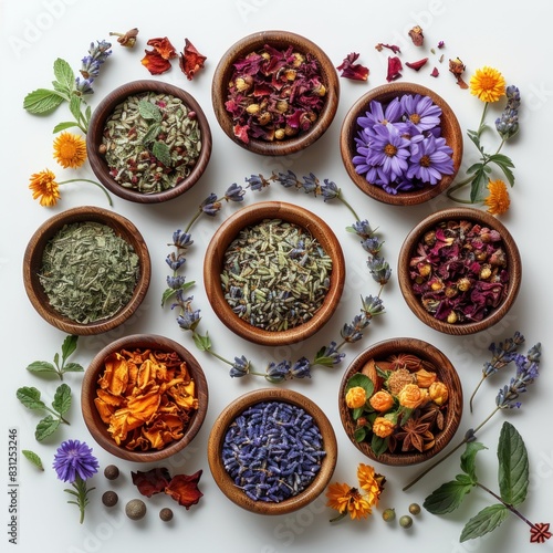 Borders of dried plants and herbal flowers are neatly arranged, with wooden bowls for aromatherapy etc. White background with space. Each bowl contains different types of plants