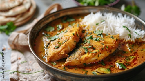 Spicy and tangy fish curry served with steamed rice and crispy poppadoms, offering a delicious taste of coastal Indian cuisine photo
