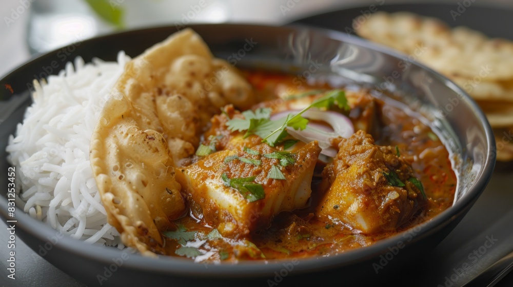 Spicy and tangy fish curry served with steamed rice and crispy poppadoms, offering a delicious taste of coastal Indian cuisine Spicy and tangy fish curry served with steamed rice and crispy poppadoms, offering a delicious taste of coastal Indian cuisine