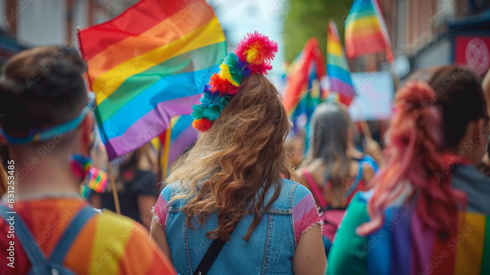 Young Woman with Rainbow Hair Accessory at LGBTQ+ Pride Parade Waving Colorful Flag Young Woman with Rainbow Hair Accessory at LGBTQ+ Pride Parade Waving Colorful Flag