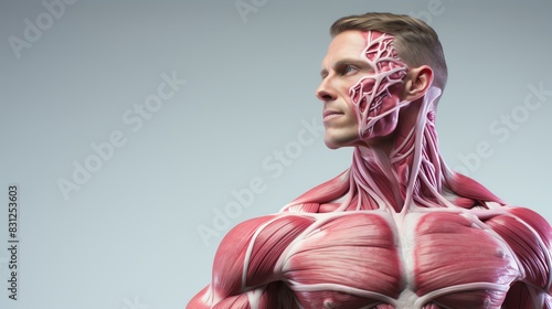Detailed illustration of a male muscular system, highlighting anatomy and muscle structure on a neutral background. photo