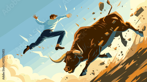 Frustrated businessman falling from a raging bull, symbolizing stock market crash or crypto investment failure, financial crisis, and trader mistakes causing significant money loss.

 photo