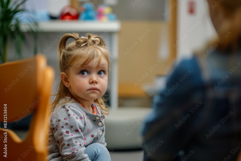 Adorable little girl with pigtails sitting in a contemplative and attentive manner in an indoor playroom. Surrounded by educational toys and furniture Adorable little girl with pigtails sitting in a contemplative and attentive manner in an indoor playroom. Surrounded by educational toys and furniture