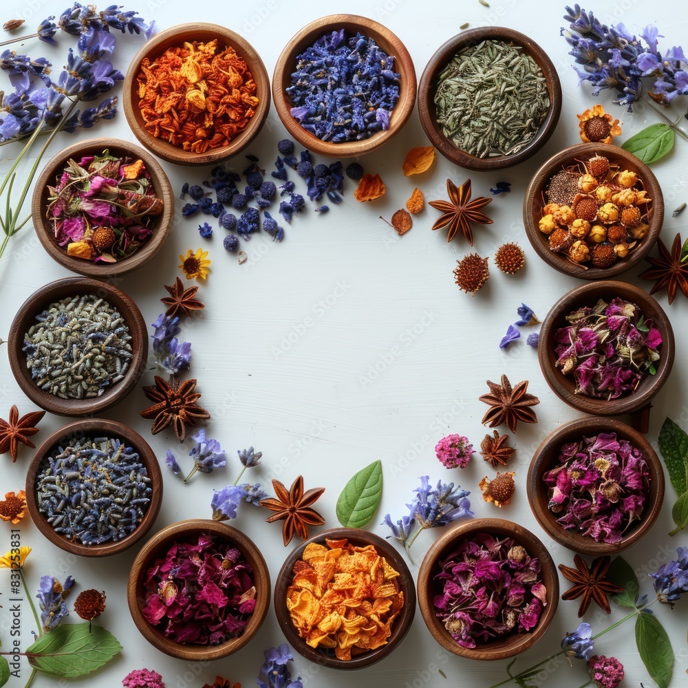Borders of dried plants and herbal flowers are neatly arranged, with wooden bowls for aromatherapy etc. White background with space. Each bowl contains different types of plants Borders of dried plants and herbal flowers are neatly arranged, with wooden bowls for aromatherapy etc. White background with space. Each bowl contains different types of plants