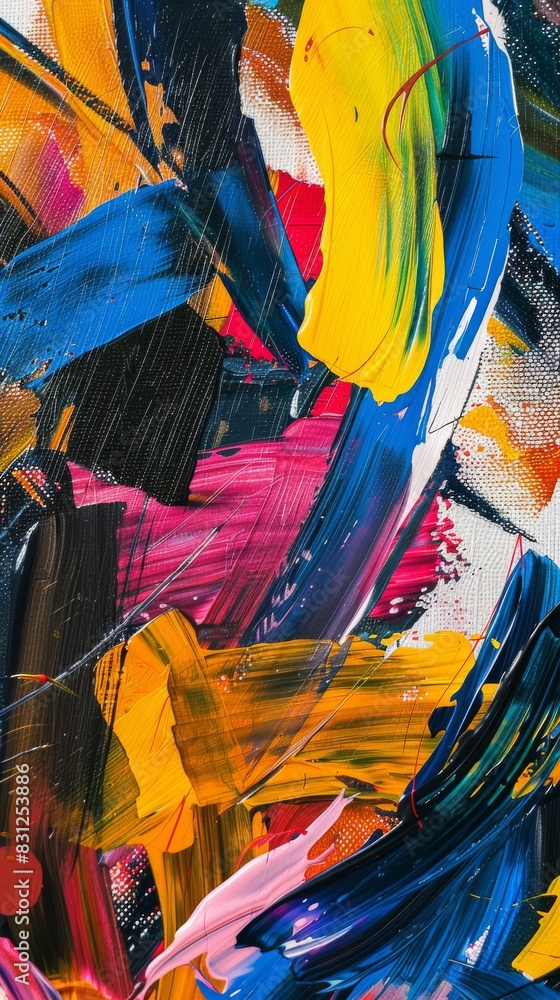Close-up of a colorful abstract painting with dynamic brush strokes and rich textures