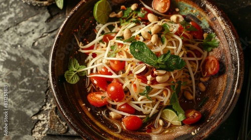 Spicy green papaya salad with cherry tomatoes, lime, and peanuts, served in a traditional Thai clay plate, a mouthwatering delight for adventurous eaters photo