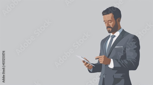 Illustration of a businessman with a tablet in a suit against a gray background. Suitable for real estate, property market, and home buying concepts.