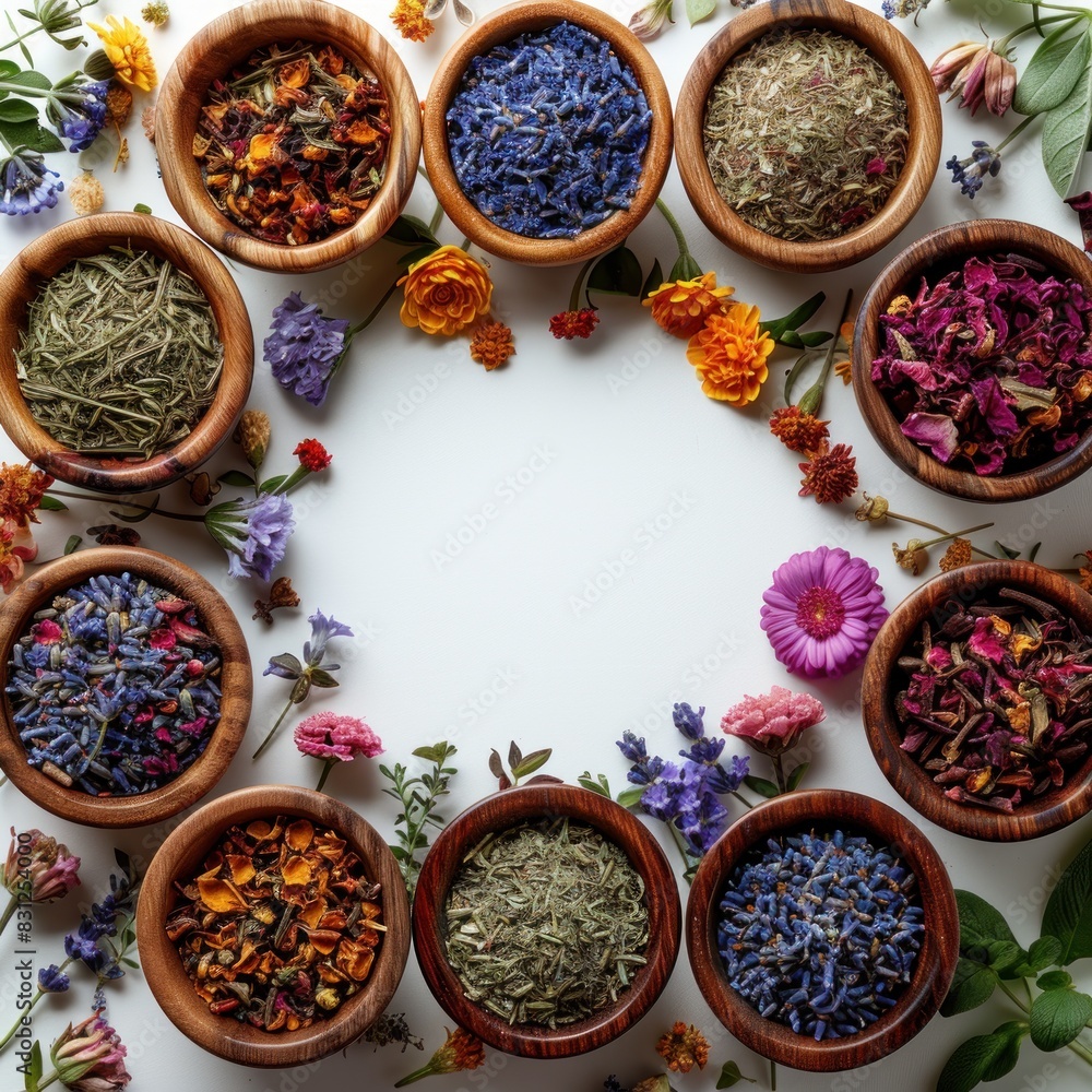 Borders of dried plants and herbal flowers are neatly arranged, with wooden bowls for aromatherapy etc. White background with space. Each bowl contains different types of plants Borders of dried plants and herbal flowers are neatly arranged, with wooden bowls for aromatherapy etc. White background with space. Each bowl contains different types of plants