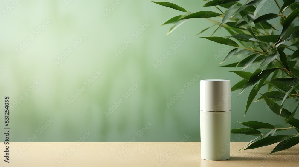 Minimalist skincare product on a wooden surface with green foliage background, eco-friendly beauty concept. Minimalist skincare product on a wooden surface with green foliage background, eco-friendly beauty concept.