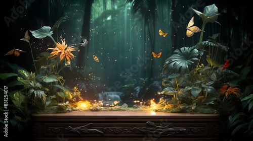 Magical forest scene with glowing butterflies and lush greenery creating an enchanting atmosphere with a hidden treasure chest.