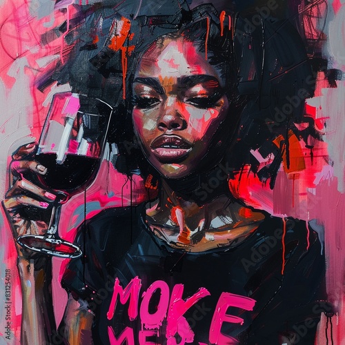 a painterly image of an African American woman, wearing a black tee shirt and holding a glass of wine  on her tee shirt i photo