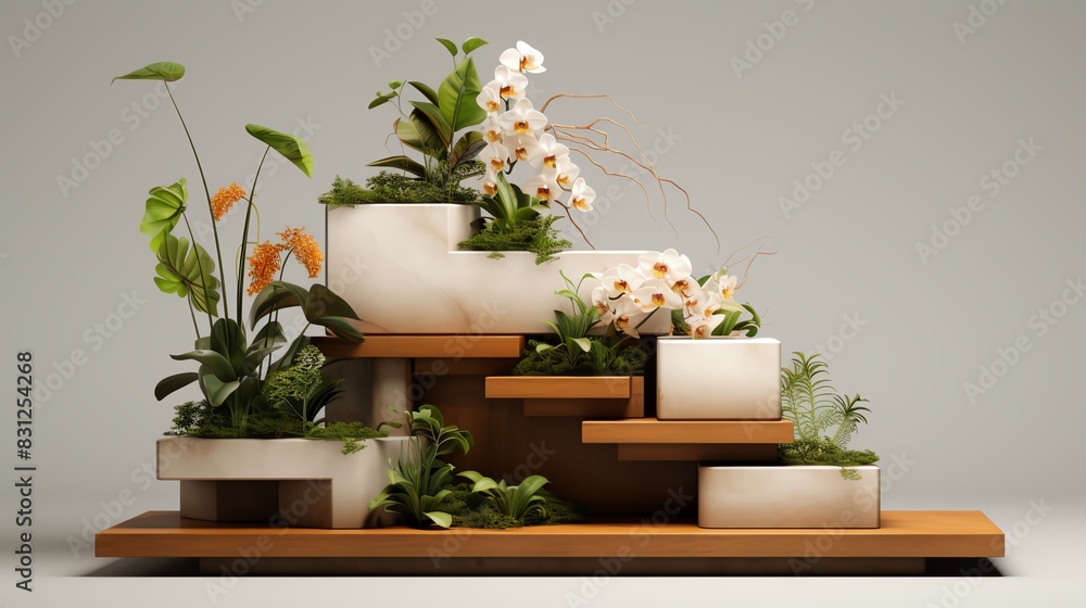 Modern indoor plant display featuring a variety of lush greenery and flowers in a stacked geometric planter arrangement. Modern indoor plant display featuring a variety of lush greenery and flowers in a stacked geometric planter arrangement.