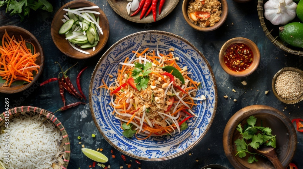 Spicy papaya salad with crispy pork skin and fermented fish sauce, served with sticky rice and fresh vegetables, a classic Thai comfort food favorite