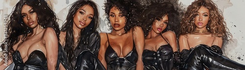 watercolor image of 5 woman posing for a photoshoot sitting down, each wearing black leather pants and black flowy blouses Varying shades of skin tones and Afrocentric hairstyles photo