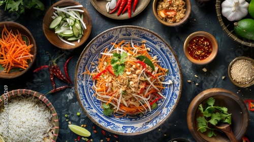 Spicy papaya salad with crispy pork skin and fermented fish sauce  served with sticky rice and fresh vegetables  a classic Thai comfort food favorite