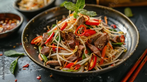 Spicy Thai papaya salad served with grilled beef and sticky rice, offering a perfect balance of flavors and textures in this beloved Thai street food favorite