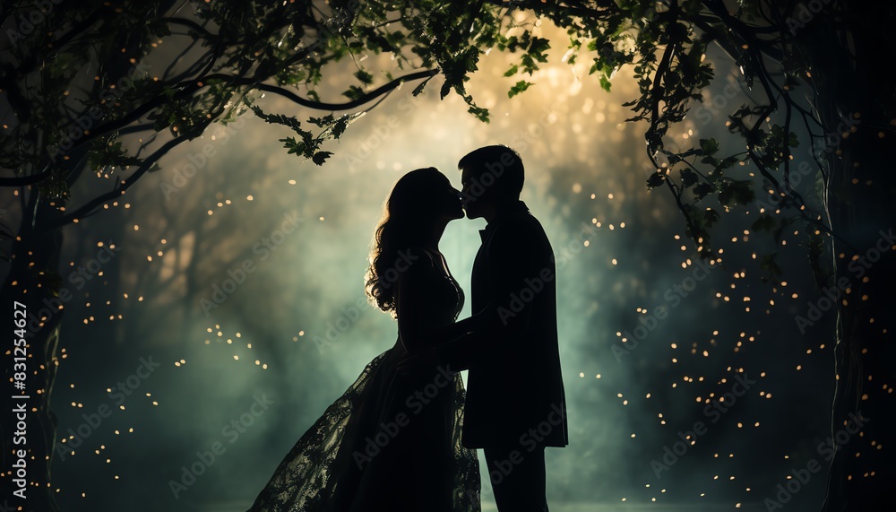 Silhouette of a romantic couple kissing under a canopy of trees with sparkling lights in an enchanting, dreamy setting.
