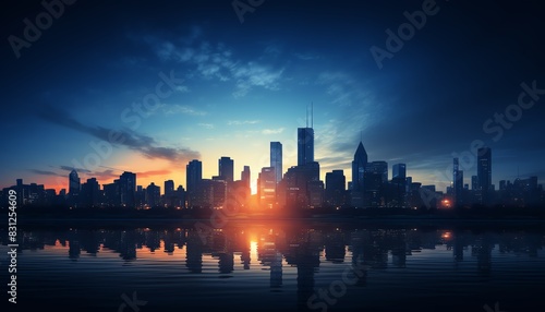 Stunning city skyline at sunset with vibrant colors reflected in the water, creating a serene urban landscape. photo