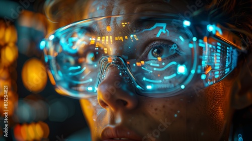 Futuristic Person Wearing Augmented Reality Glasses In High-Tech Lab At Night