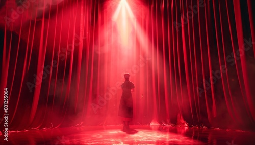 Silhouette of a person on stage under dramatic red lighting with curtains in the background, creating an atmosphere of mystery and anticipation.