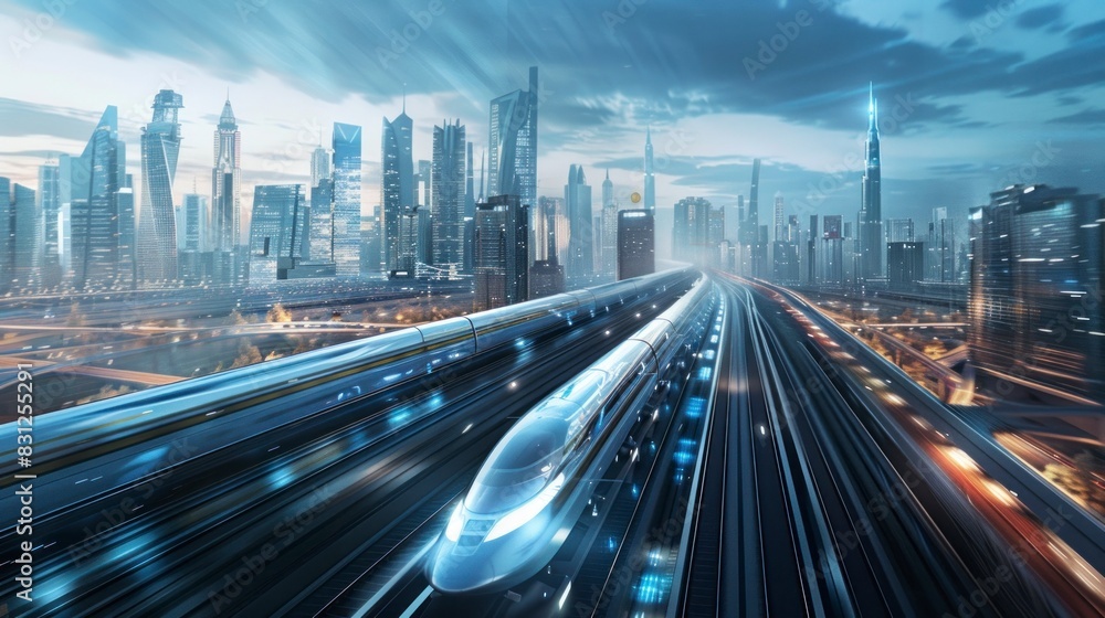 high speed train in a city with sweeping effect at night high speed train in a city with sweeping effect at night